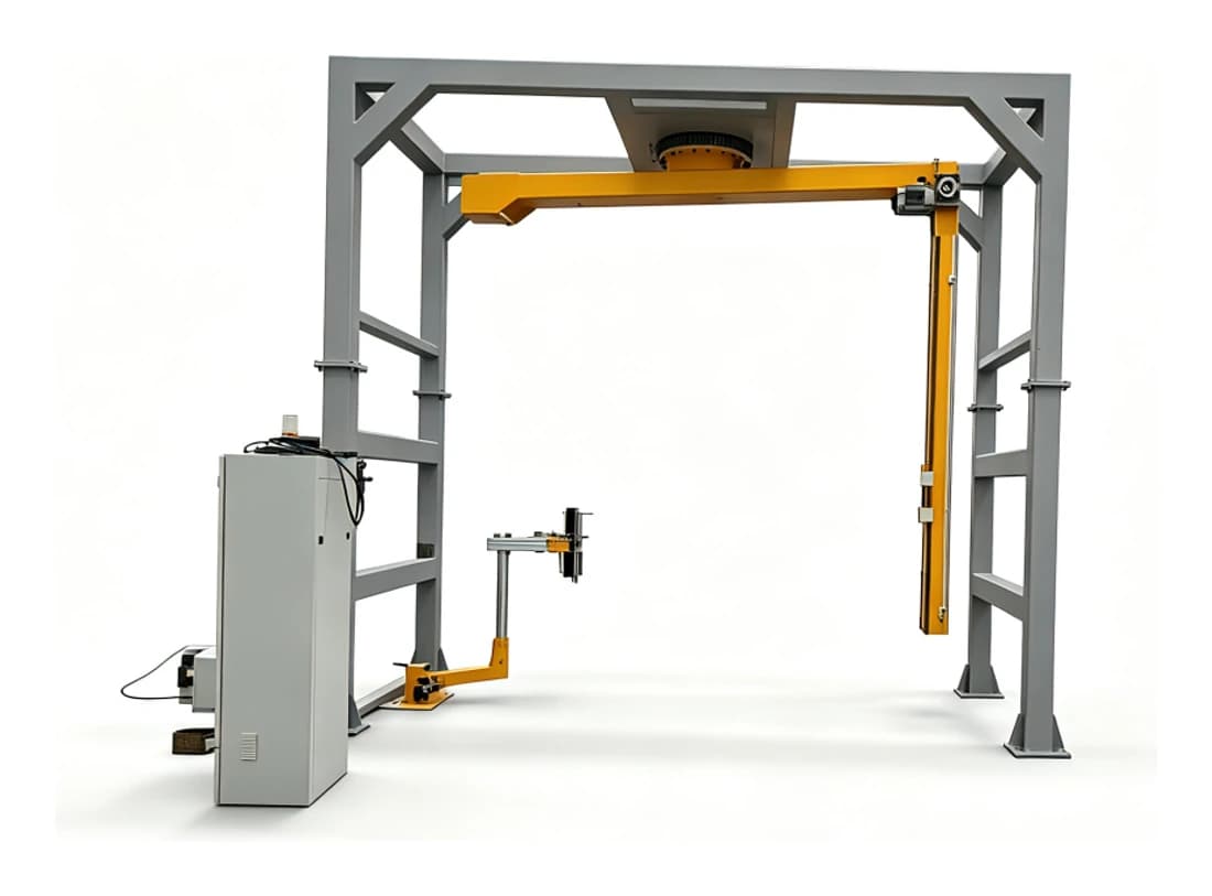 SW-6000D rotary arm wrapping machine with grey gantry frame and yellow rotating arm